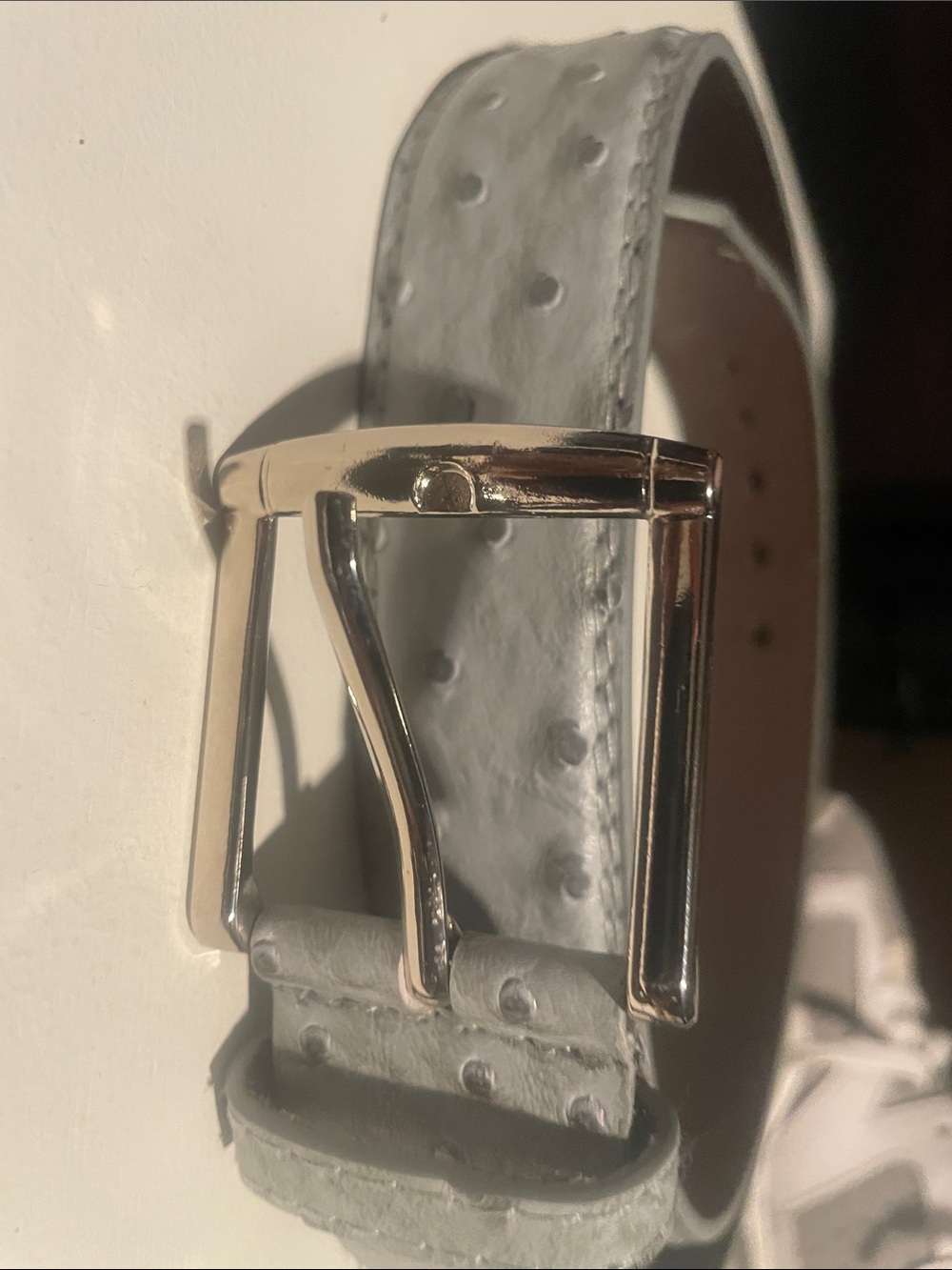 Gray Faux-Ostrich Leather Belt with Gold Buckle - Women Accessories